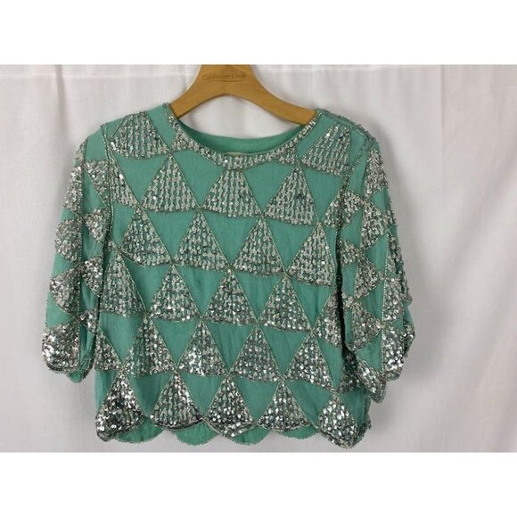 What Comes Around Goes Around Sequin Silk Scallop Pull Over Top Women's Small. - Picture 1 of 14